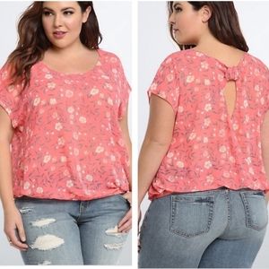 Torrid Pink Floral Chiffon Knit Tie Back Blouse